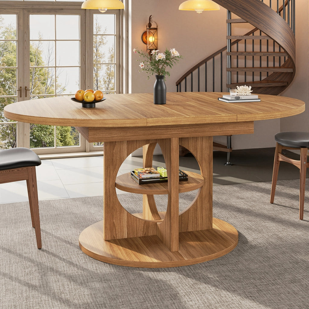 Tavolo allungabile con ripiano centrale, forma tonda e ovale, per sala da pranzo, in MDF, effetto legno stile moderno