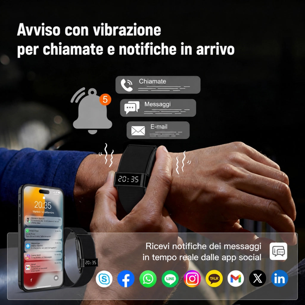 Smartwatch Orologio connesso con display nascosto; monitoraggio 24 ore su 24 della salute: battito cardiaco; HRV; SpO2 e sonno; 2 braccialetti; app gratuita per iOS e Android - nero