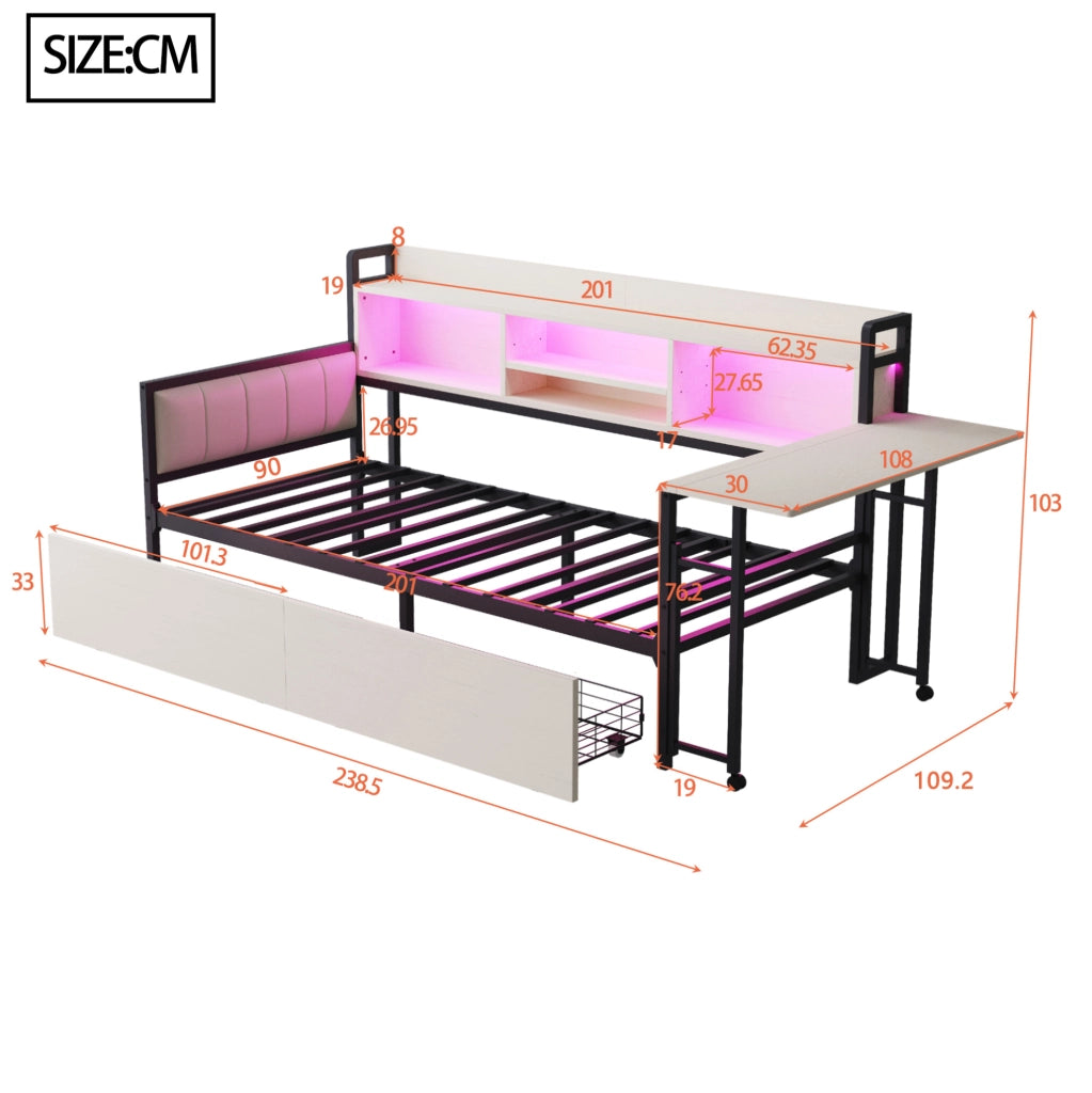 Letto multifunzione singolo 90x200 cm in metallo con LED; scrivania e cassetti; bianco
