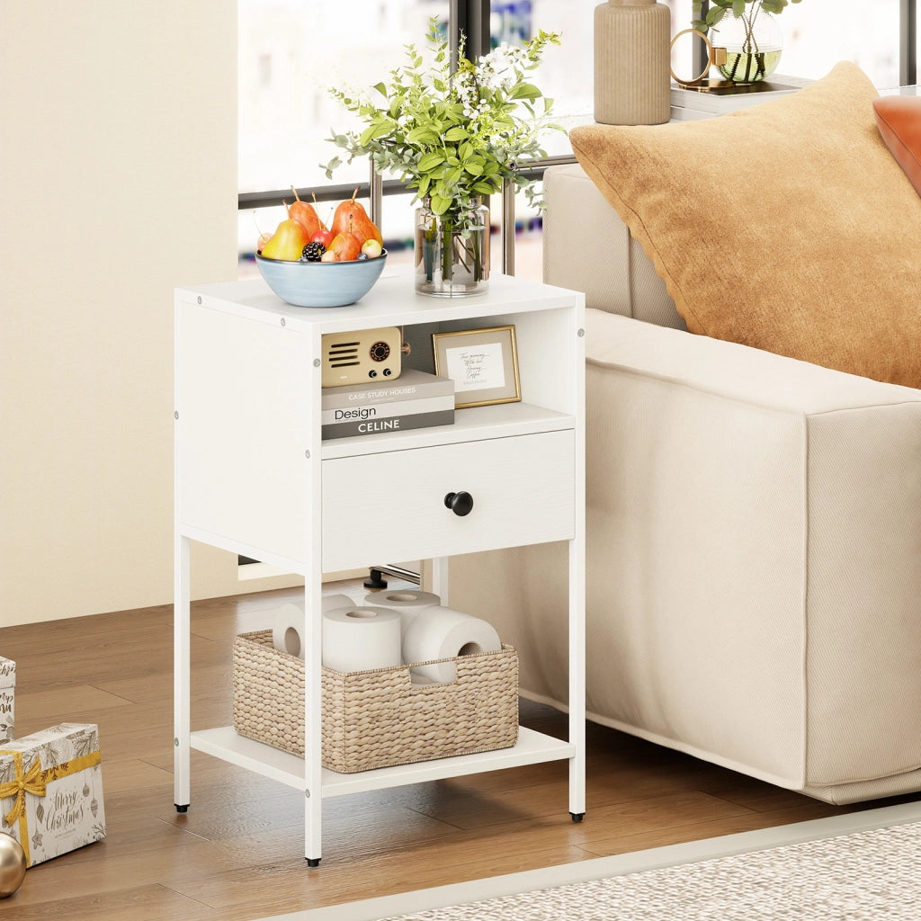 Comodino stazione ricarica stile industriale scomparto aperto cassetto, Tavolino ripiano inferiore compatto divano camera letto soggiorno Bianco