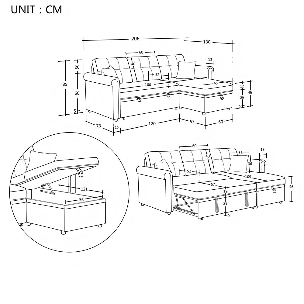 Divano letto angolare con contenitore - Xylo - Montaggio bilaterale, spazio di archiviazione, morbido chenille, beige