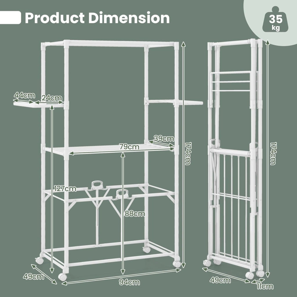 Stendibiancheria verticale pieghevole con ruote, barre sospese, 2 ali pieghevoli e ripiano estraibile, stendibiancheria portatile per interni ed esterni, 94 x 49 x 174 cm, bianco