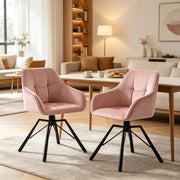 Set di 2 sedie girevoli da pranzo in velluto rosa con braccioli e struttura in metallo