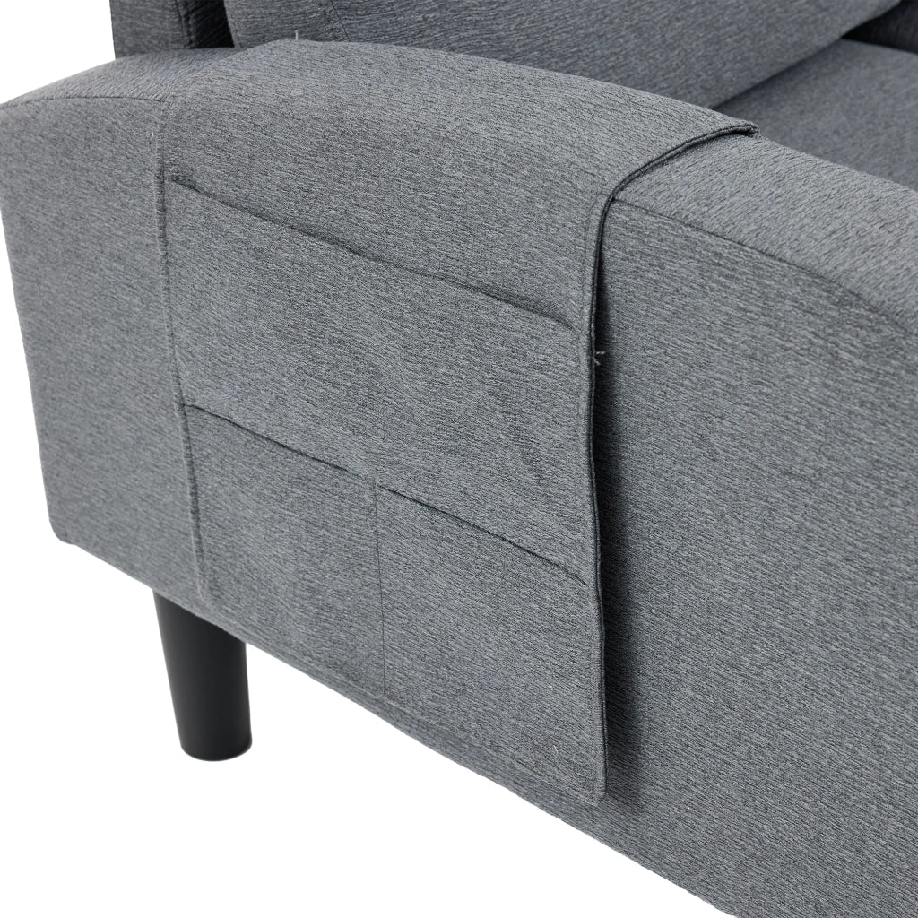 Divano angolare modulare 3 posti con chaise longue; tasche laterali e 10 piedi in tessuto grigio