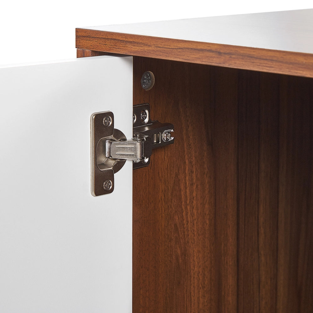 Credenza in Legno Scuro con Gambe in Metallo Bianco Mobiletto Rettangolare Mobile TV 3 Scomparti Ante 62 x 112 cm Mobili Soggiorno