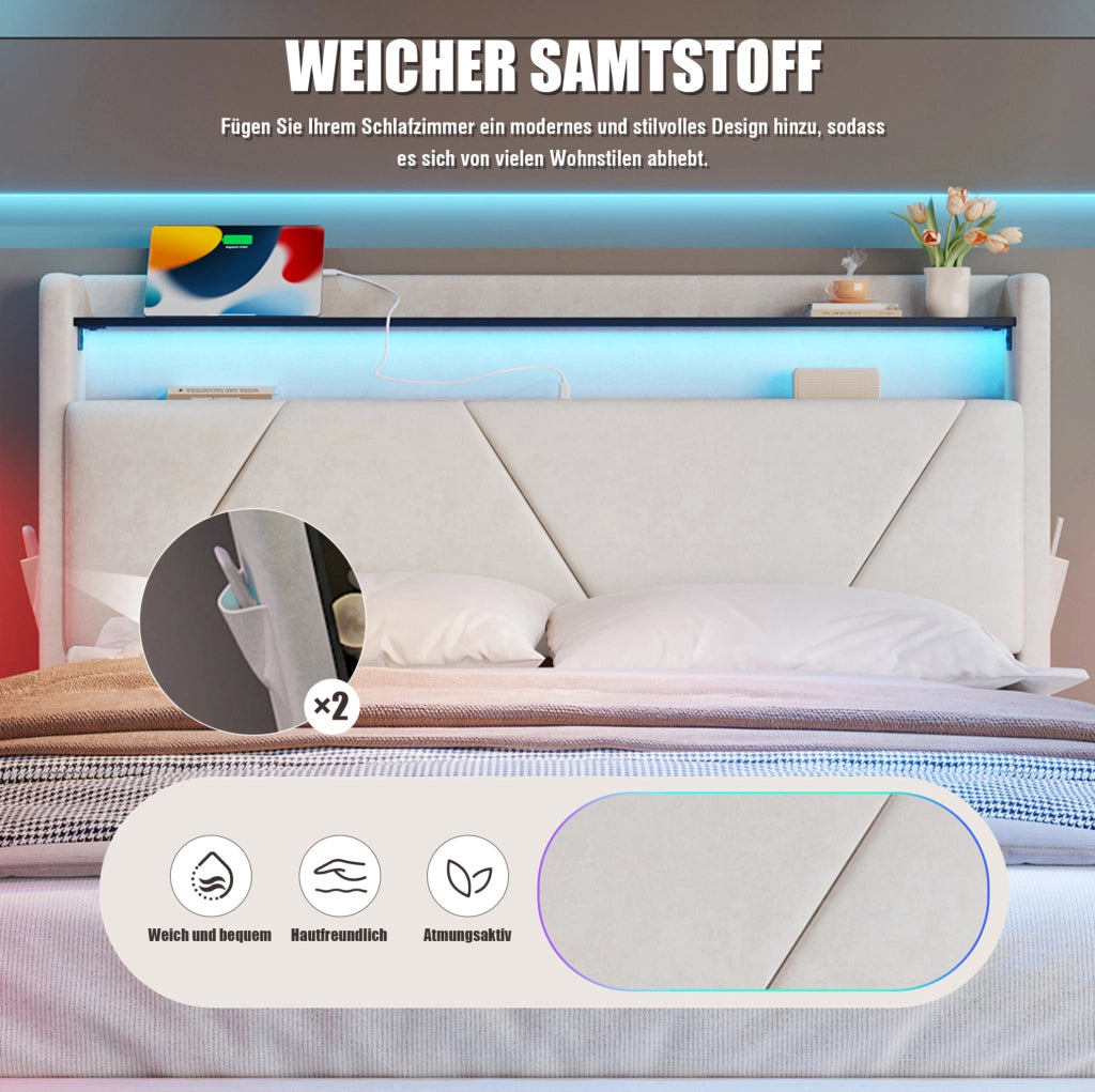 LETTO Contenitore 140x200 cm in velluto beige con LED, USB e tasche laterali