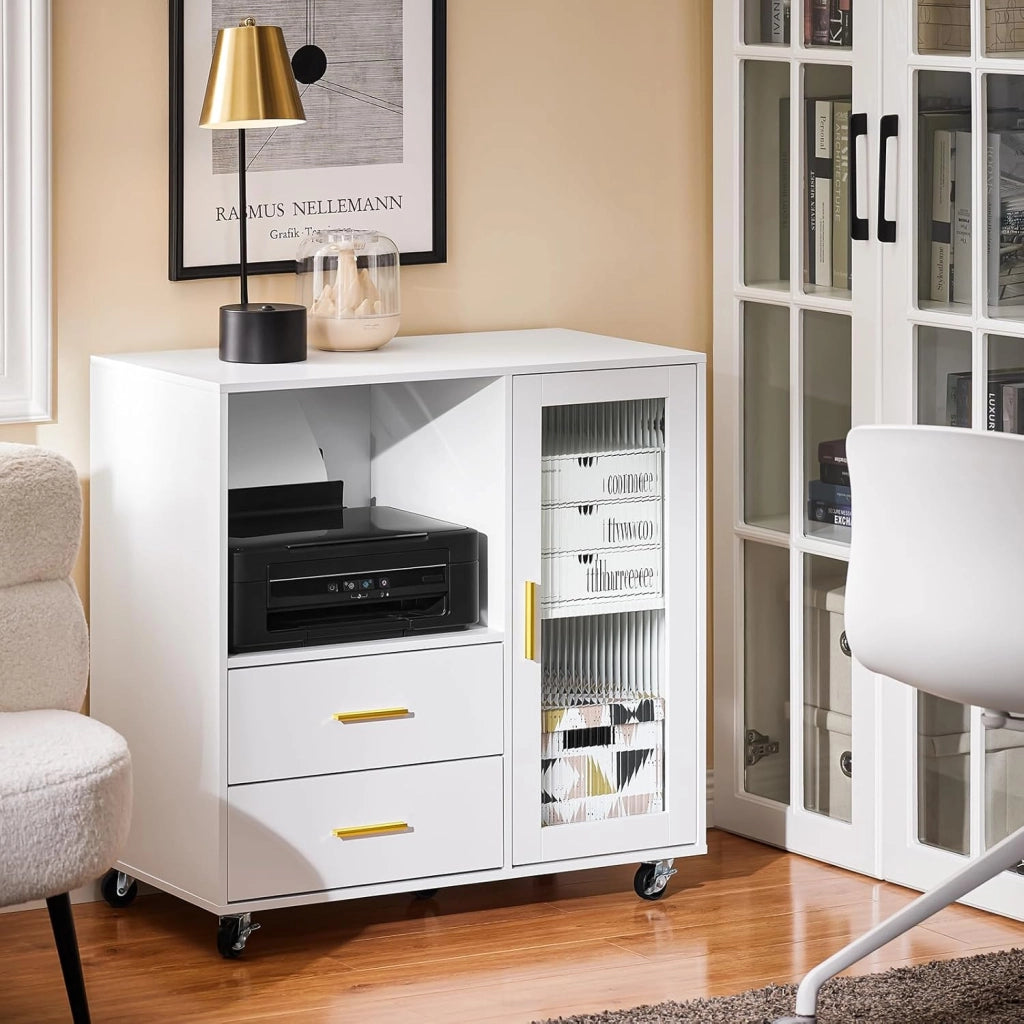 Cassettiera da Ufficio con Ruote, Supporto Stampante, Organizer da Scrivania, Mobiletto Contenitore con 2 Cassetti e 1 Anta in Vetro, Bianco 75x40x76 cm ASK09-W