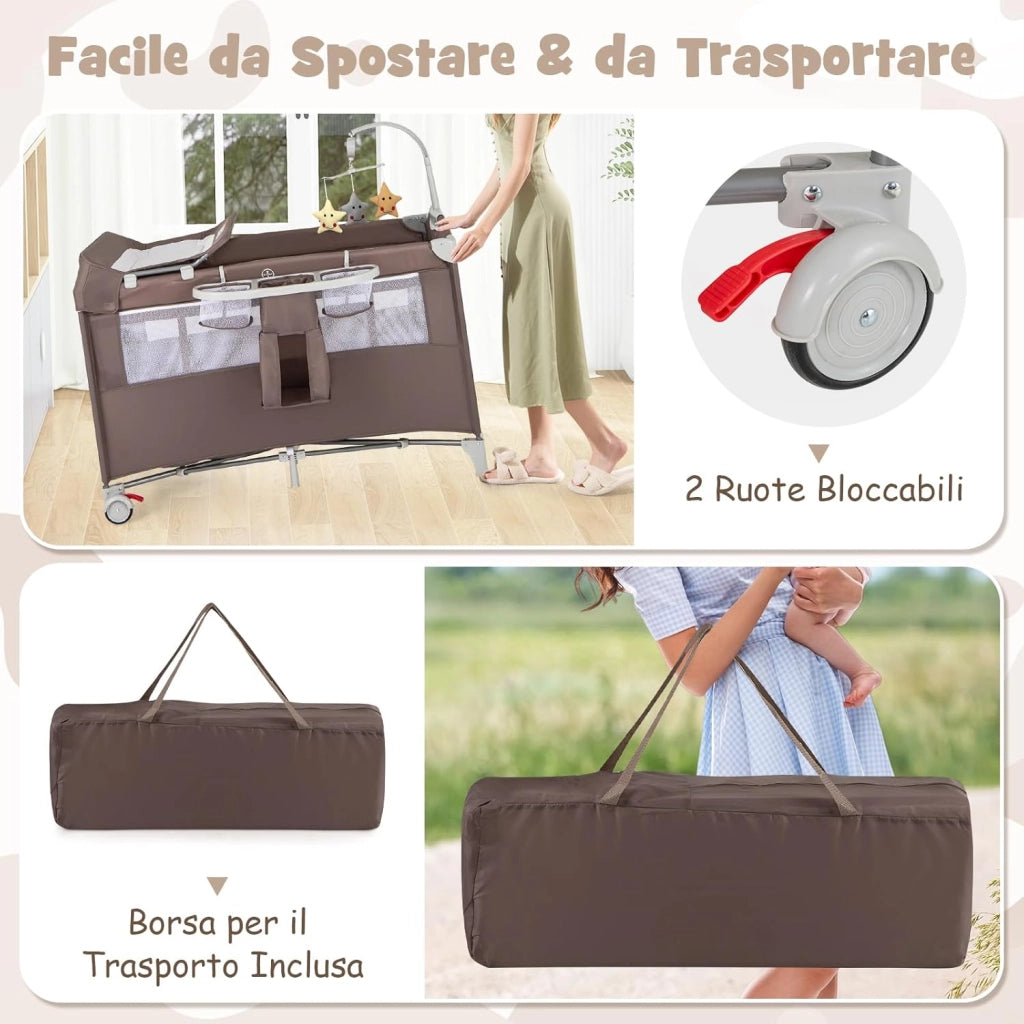 4 in 1 Lettino per Bambini con Materasso, Lettino Culla da Viaggio per Neonati, Culla Neonato con Fasciatoio, Box Portatile Pieghevole, con Ruote e Borsa, 125 x 65 x 119 cm (Caffè)