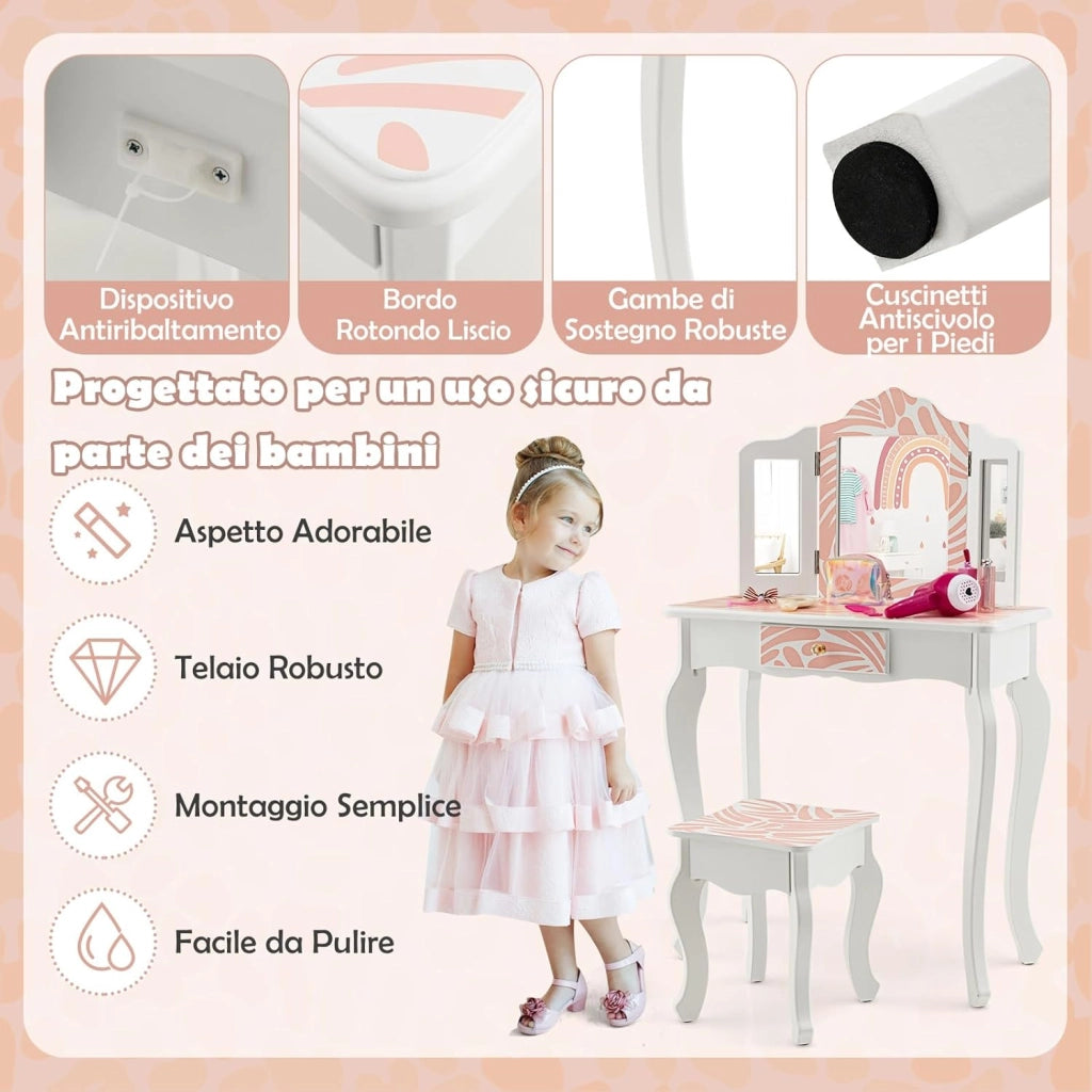 2 in 1 Toeletta Trucco con Sgabello per Bambini, Tavolo da Trucco con Cassetto con 3 Specchi Pieghevole, Specchio Rimovibile, 3 Anni +