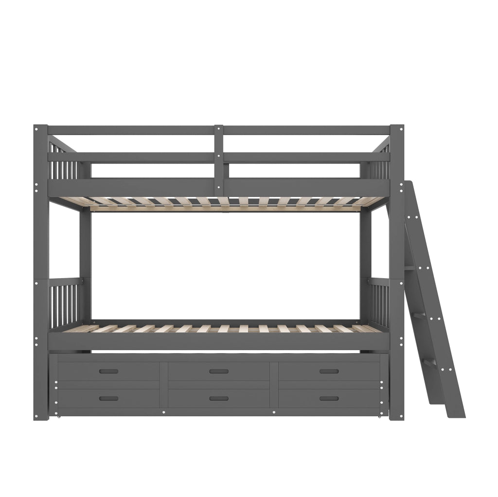 Letto a castello 90x200 cm con letto estraibile e 3 cassetti; pino e MDF; grigio