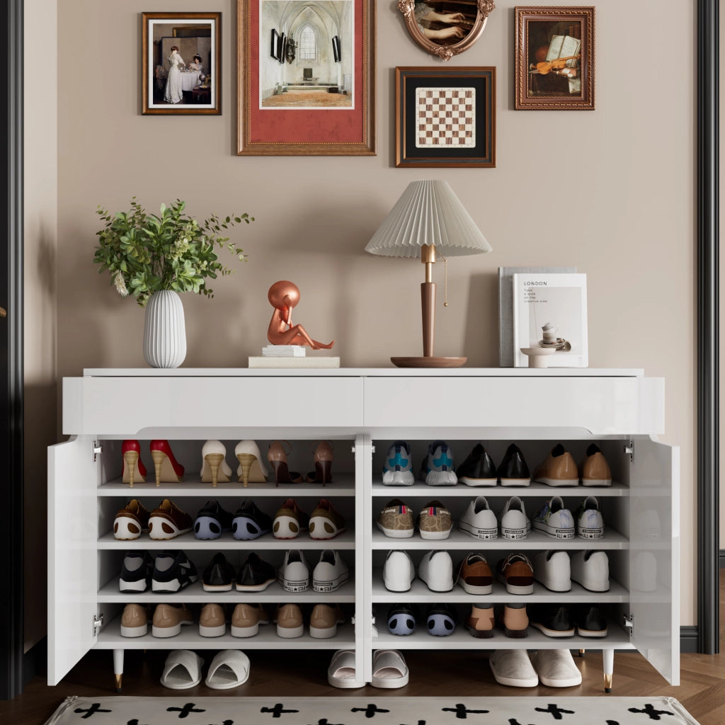 Mobile Scarpiera con 2 Ante e 2 Cassetti; Ripiani Regolabili; Piedini Dorati; Stile Moderno; in Pannello Truciolare; Bianco; 140??39??84 cm
