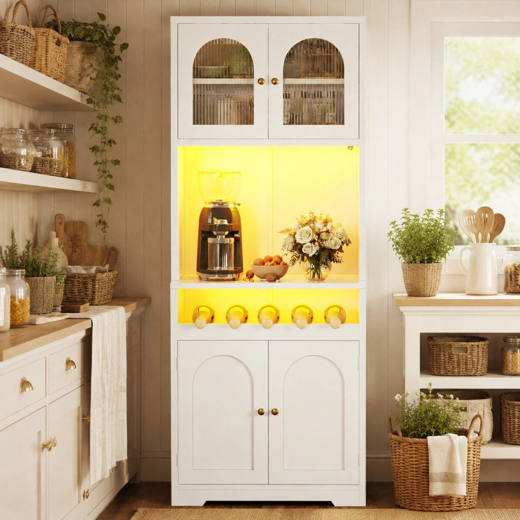 Mobile buffet alto 180 cm bianco con LED RGB e portabottiglie