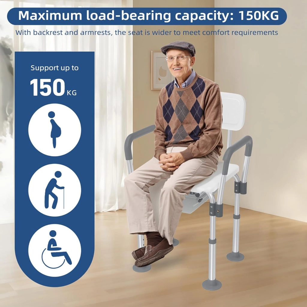 Sedia WC da doccia regolabile in altezza 2 in 1, sgabello da bagno con secchio, braccioli e schienale, per adulti e anziani