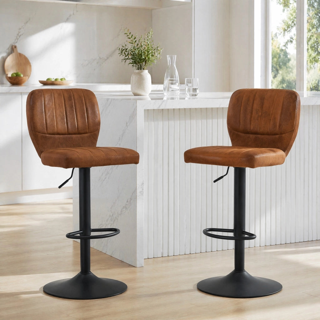 Sgabello da bar regolabile in altezza con schienale e poggiapiedi, seduta girevole in PU nero e marrone 62-83 cm