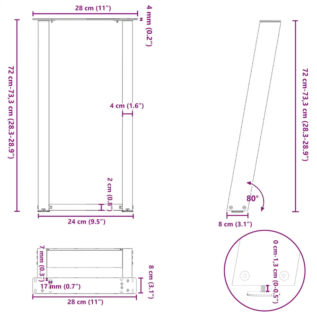 Gambe per tavolo consolle a forma di U 2 pz bianche 28x(72-73) cm in acciaio
