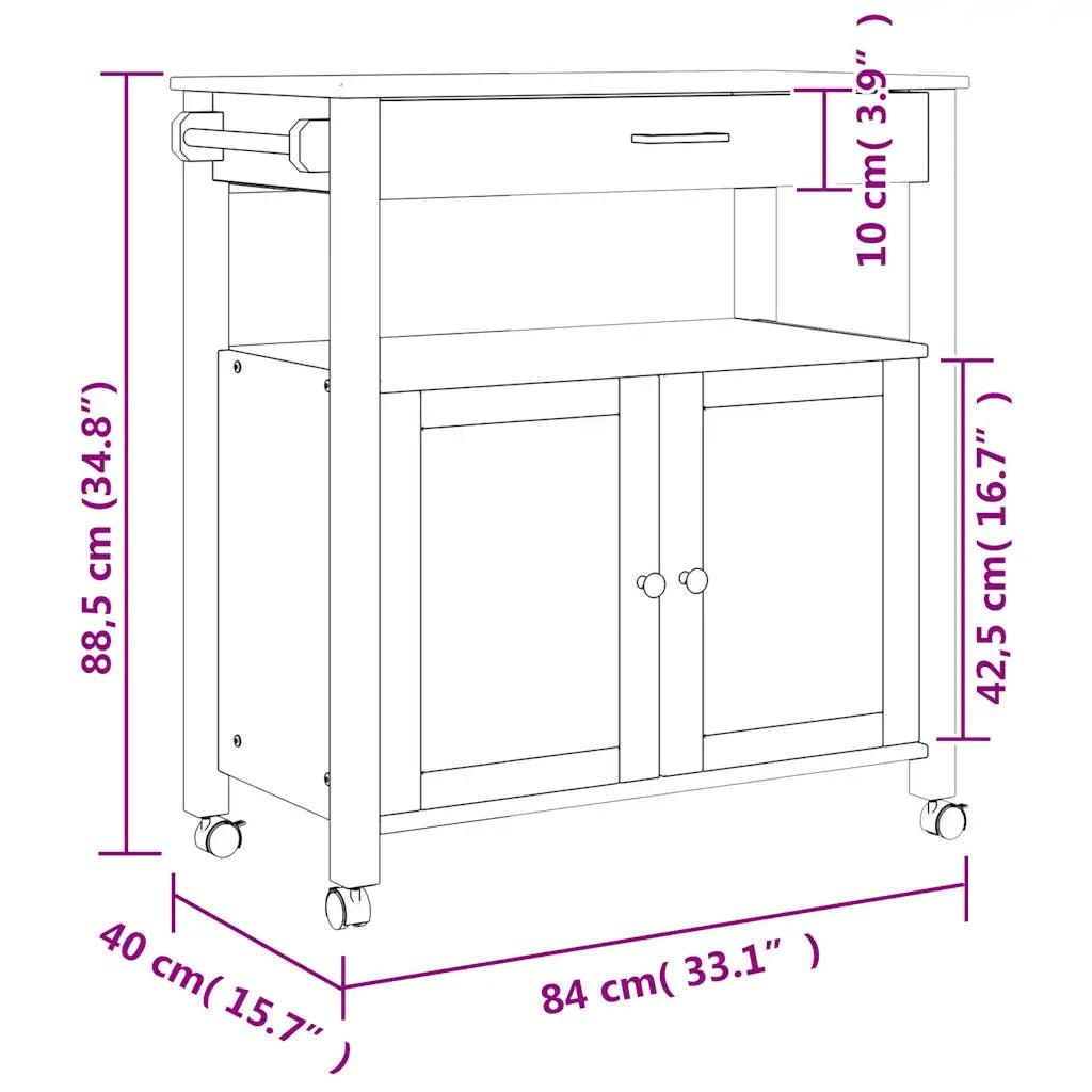 Carrello da Cucina MONZA 84x40x88,5 cm in Legno Massello di Pino 376107
