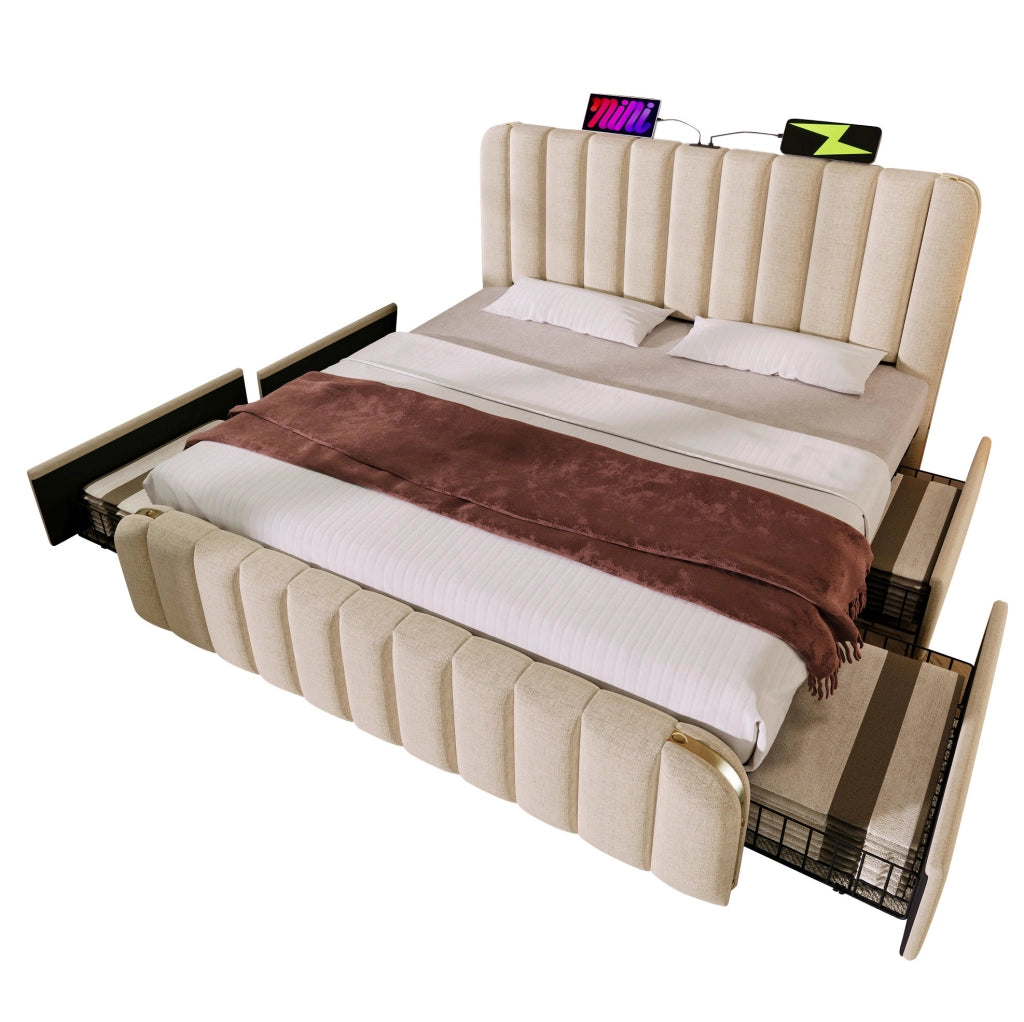Letto matrimoniale imbottito 140x190 cm in lino beige con 4 cassetti; porte USB e Type-C