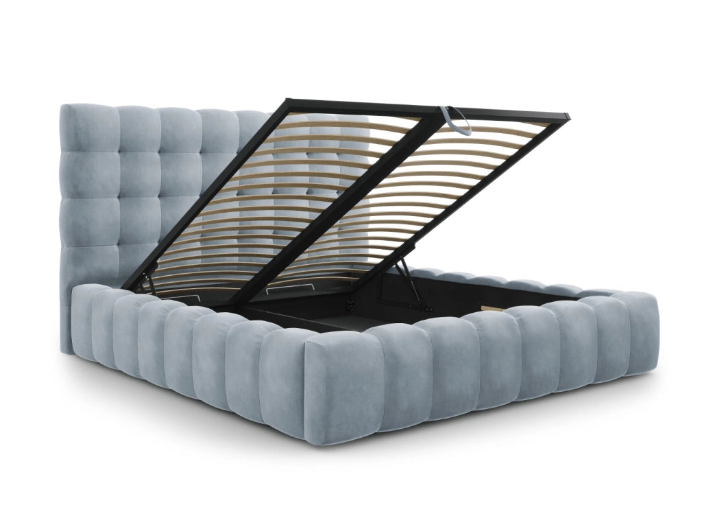 Cosmopolitan Design - Letto a cassettone con testiera "Bali" 140x200cm in velluto azzurro 