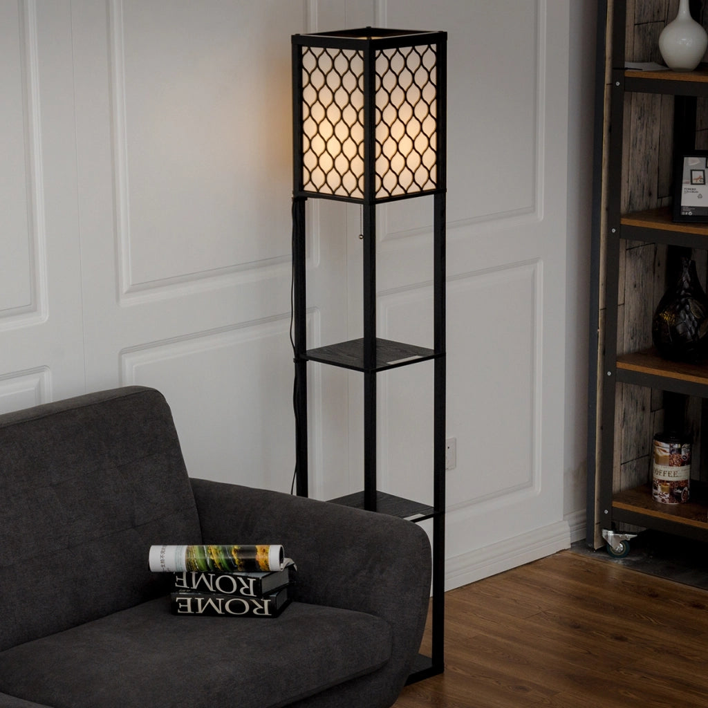 Lampada con scaffale di legno, Organizer con lampada per salone e camera da letto, Nero