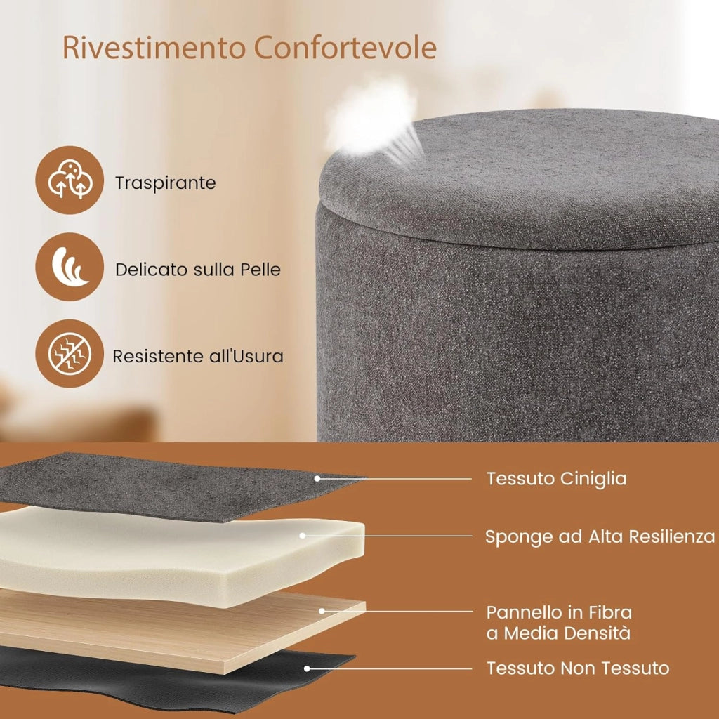 Pouf Contenitore 35 L, Ottomano in Tessuto Ciniglia con Coperchio Rimovibile, Sgabello con Gambe in Legno di Gomma, Portata 150 kg, per Soggiorno e Camera da Letto (Grigio)