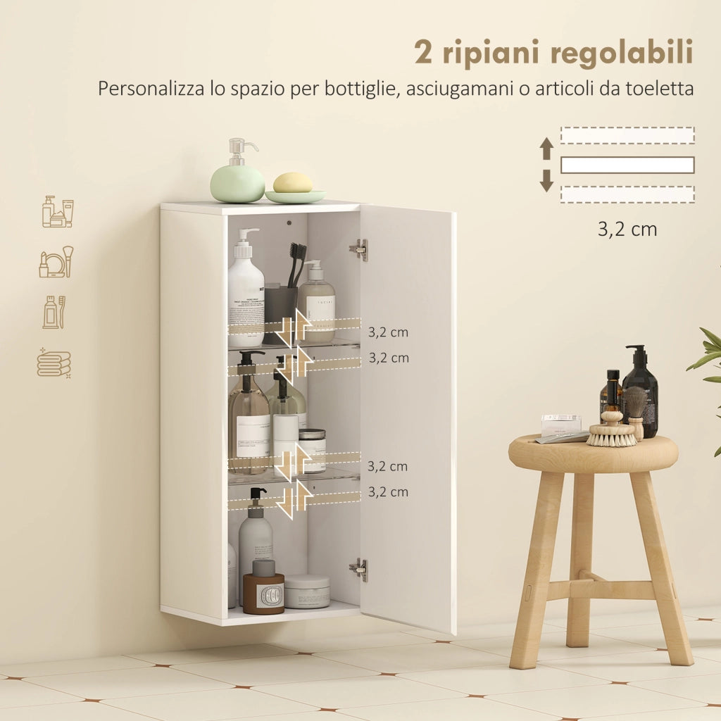 Mobile Bagno Pensile con Anta e 2 Ripiani in Vetro Regolabili ¨C zephmum ¨C Bianco Lucido