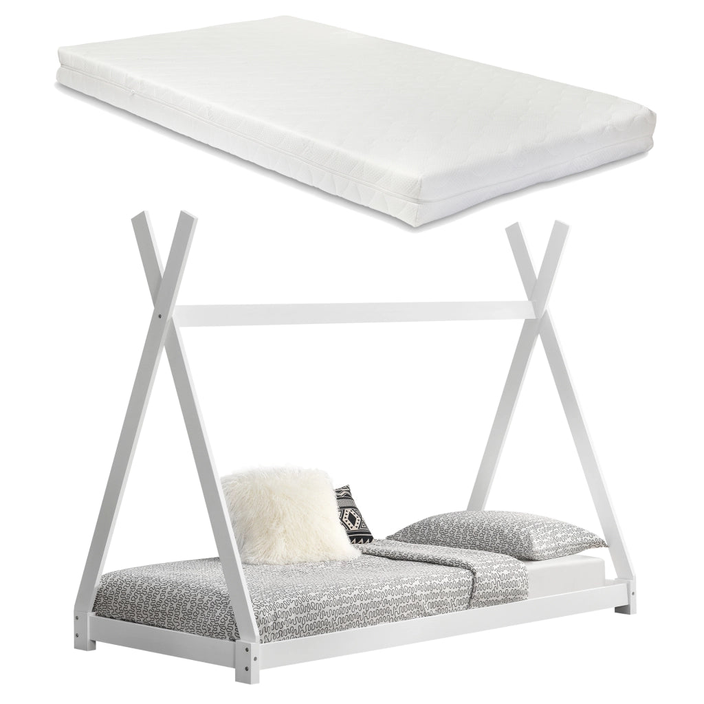 Letto per Bambini con Materasso 90 x 200 cm Tenda Indiana Tipi - bianco opaco [en.casa]