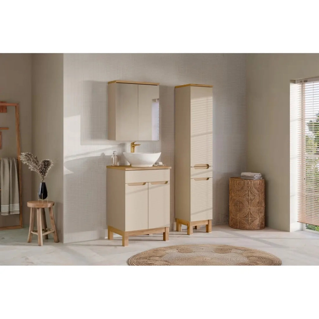 Insieme ERMANO cachemire 95cm: mobile sottolavello + piano per lavabo bisellato + lavabo da appoggio + mobili con specchi