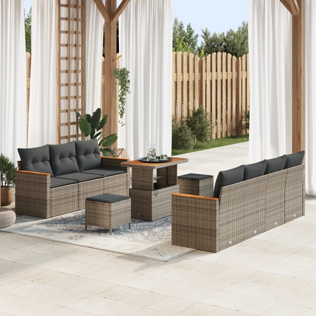 Set divano da giardino 10 pezzi con cuscini Grigio Polyrattan