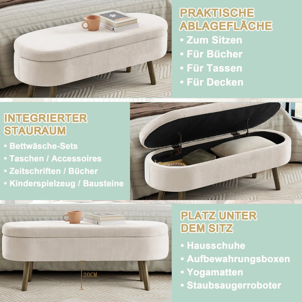Panca contenitore con vano portaoggetti e coperchio ammortizzato in chenille e legno massello beige 110 × 40 × 42 cm