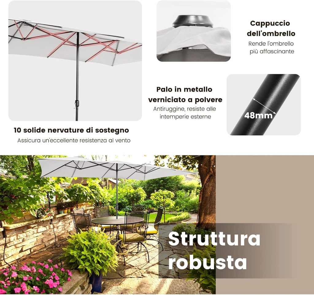 Ombrellone da Giardino Doppio 426 cm, con Manovella e 10 Stecche, Ombrellone Rettangolare Pieghevole, per Giardino Piscina Terrazza, 426 x 265 x 260 cm (Beige)