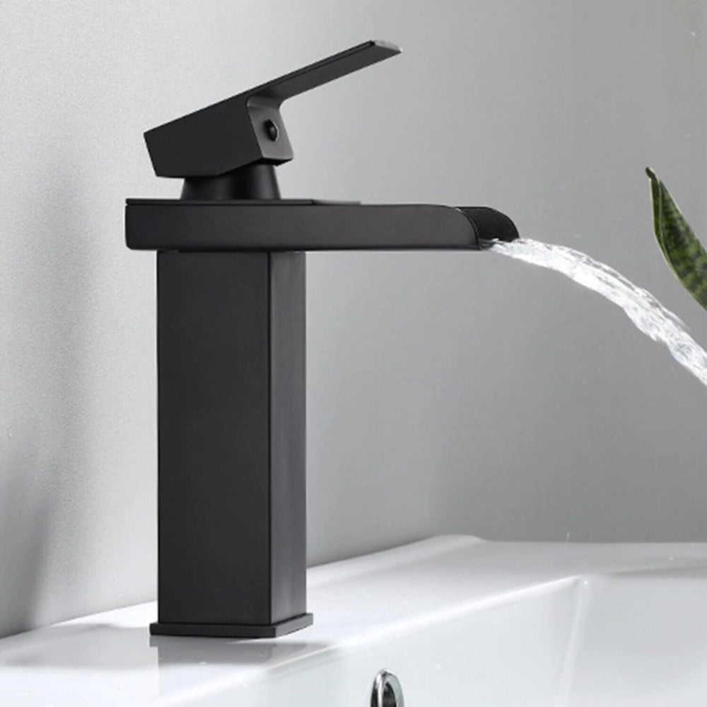 Trade Shop - Miscelatore A Cascata Nero Lavabo Bagno Rubinetto A Canna Bassa Monocomando 87398 -