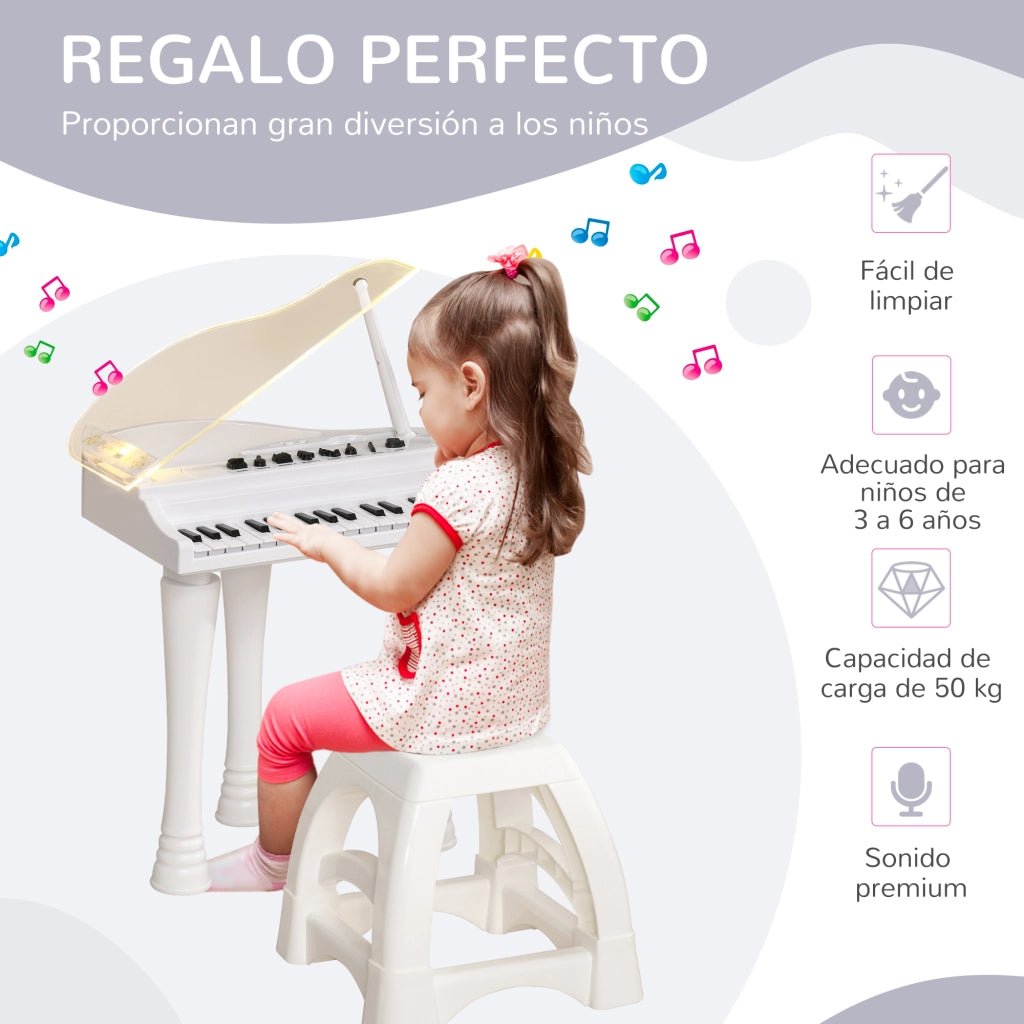 Piano Giocattolo per Bambini con Microfono e Sgabello ¨C zephmum ¨C 37x30,5x60,4 cm Bianco