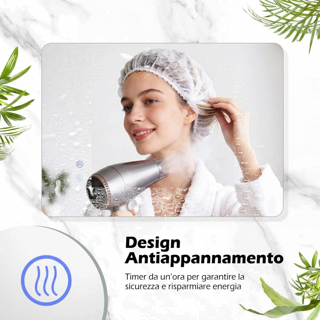 Specchio da Bagno Rettangolare con LED, Specchio da Parete con Luminosità Regolabile, Retroilluminato, Touch Intelligente, Vetro Temperato con Memoria e Anti-Appannamento (70 x 50 x 2,8 cm)