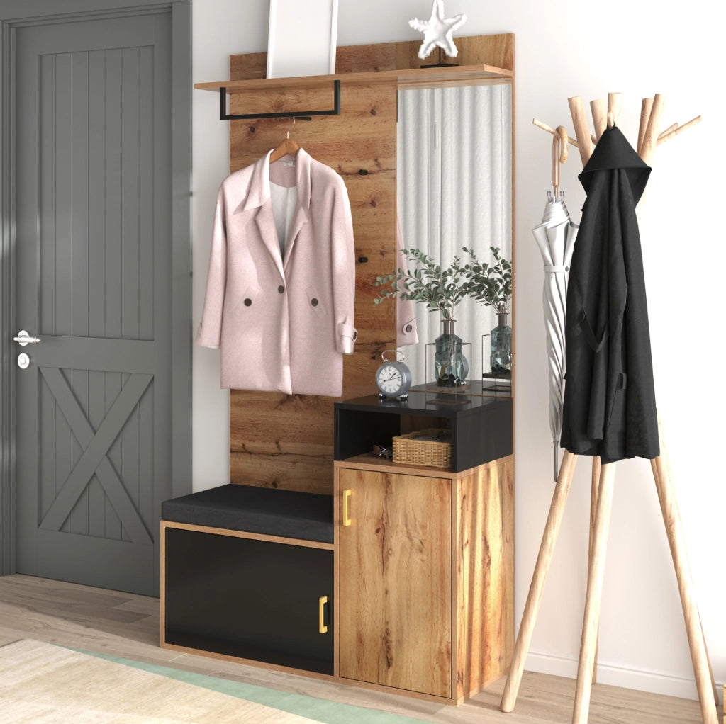 Mobile ingresso con specchio; scarpiera; 4 ganci e panca; 105x40x191;5 cm; nero e legno