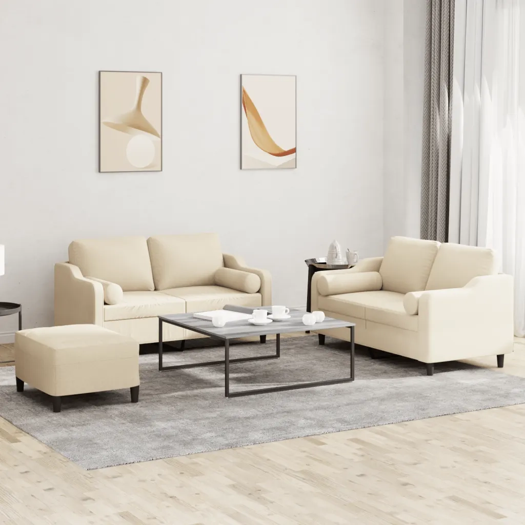Set Divani 3 pz con Cuscini Crema in Tessuto