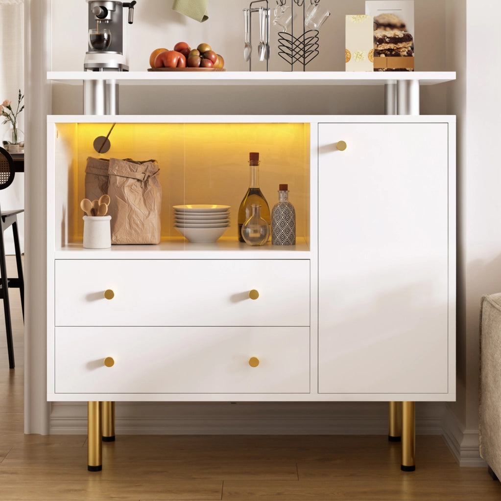 Mobile contenitore bianco con LED, vetro e piedi alti 80x35x80 cm