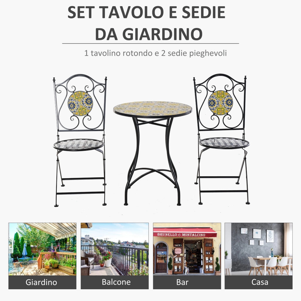 EasyComfort Set Tavolo e Sedie da Balcone 3 Pezzi, Set da Giardino Pieghevoli in Metallo con Maioliche Colorate, Multicolore