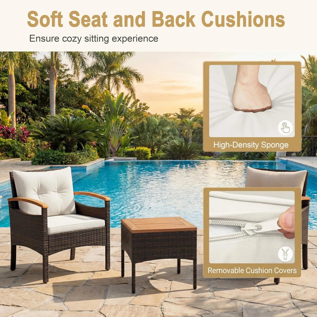 Set di Mobili a 3 Pezzi, Set da Bistrot in Rattan per Esterni con Tavolino, Cuscini Morbidi, Set da Conversazione in Legno d'Acacia per Patio, Cortile, Bordo Piscina (Bianco)