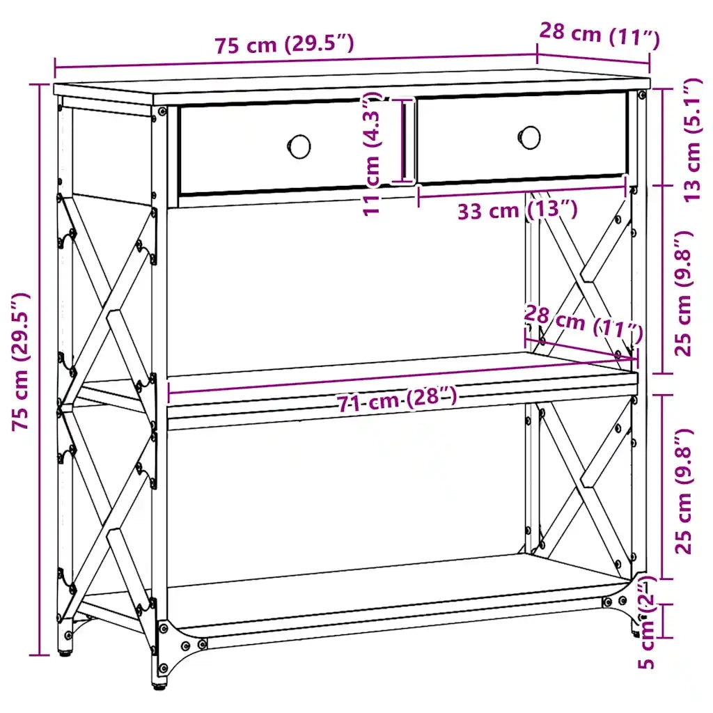 Tavolo Consolle con cassetto Rovere nero 75 x 28 x 75 cm 863537