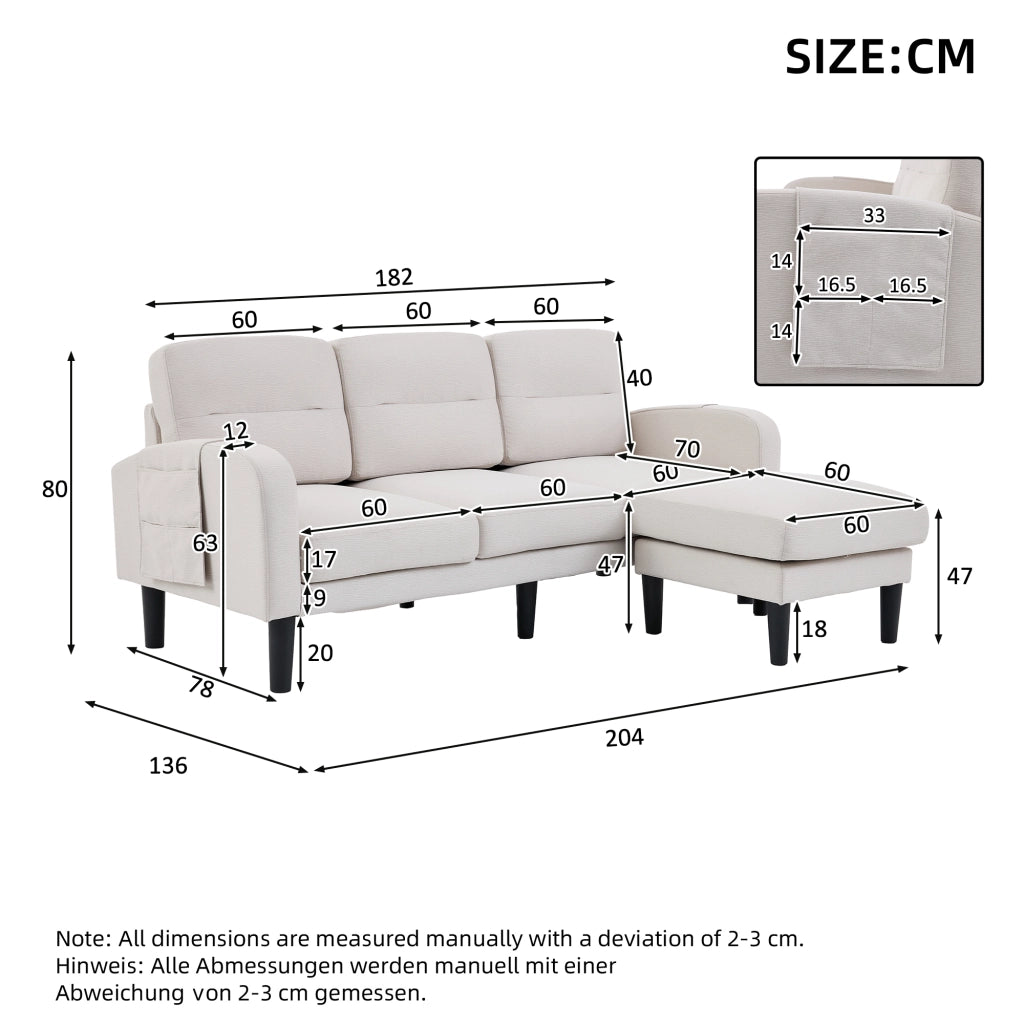 Divano angolare a L 3 posti con chaise longue e tasche laterali, beige, 204x136x80 cm