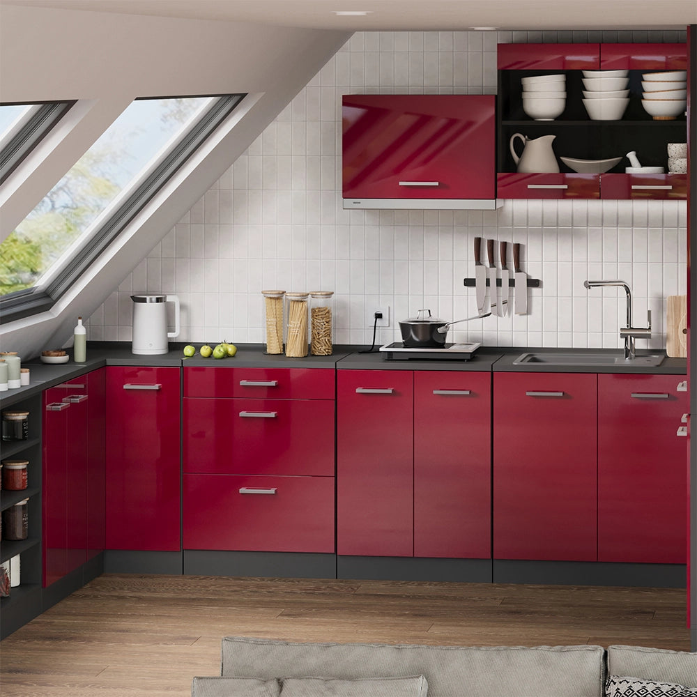 Mobile cucina sottotetto R-Line Rosso lucido/Antracite 60 cm senza inclinazione con 3 cassetti Vicco