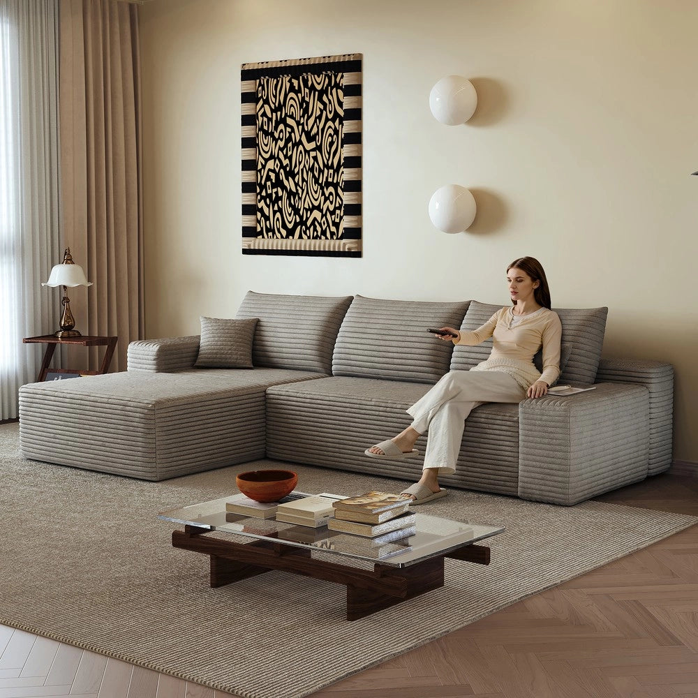 Divano angolare modulare con chaise longue ¨C Minimal ¨C velluto cammello 270cm