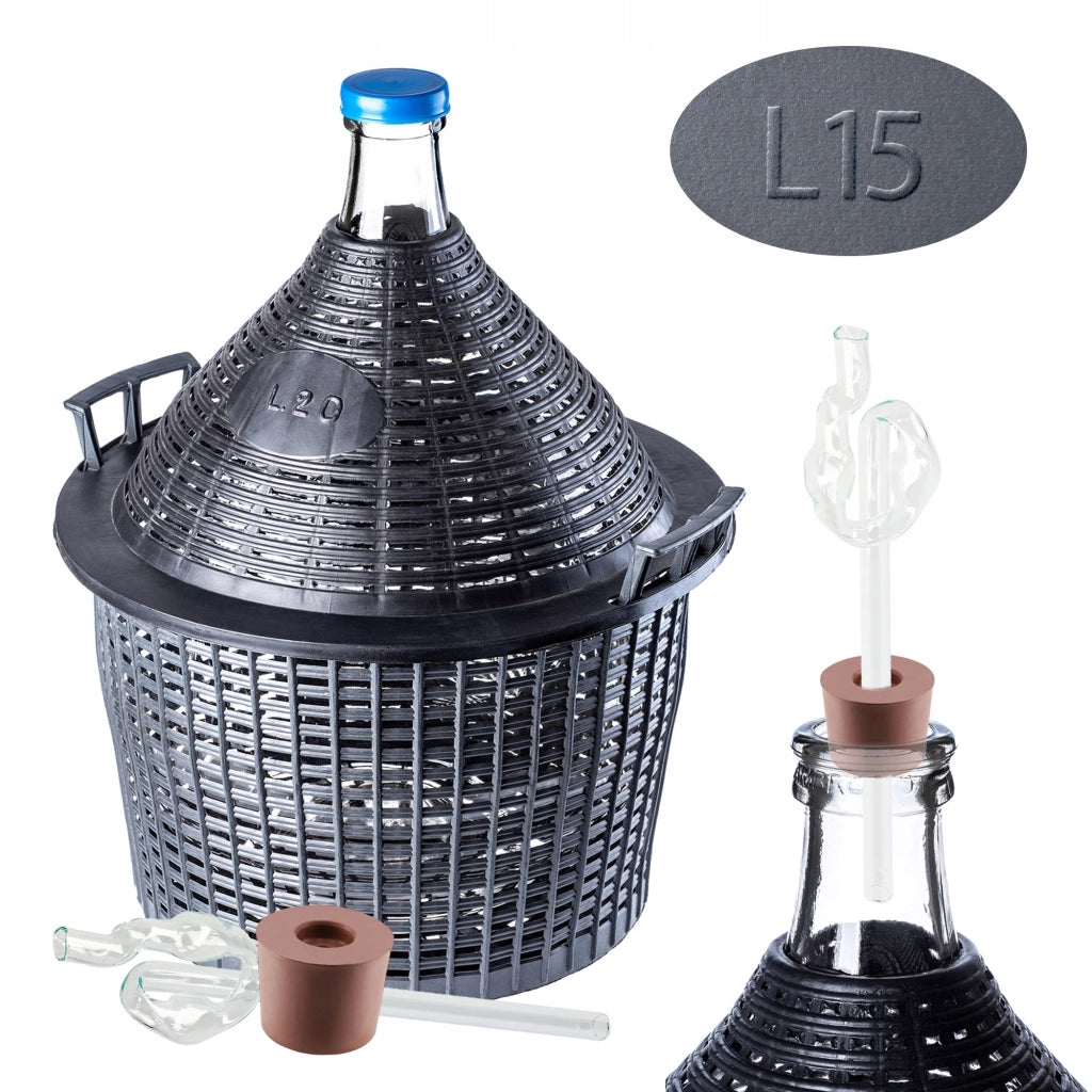 Damigiana KADAX da 15 litri per vino con cestello e tubo di sughero, set da 3 pezzi.