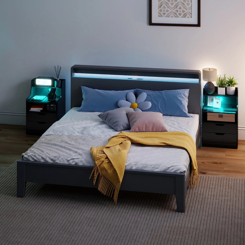 Comodino led con stazione di ricarica moderna con kit anti-ribaltamento per soggiorno, Comodino camera da letto Nero-Comodini