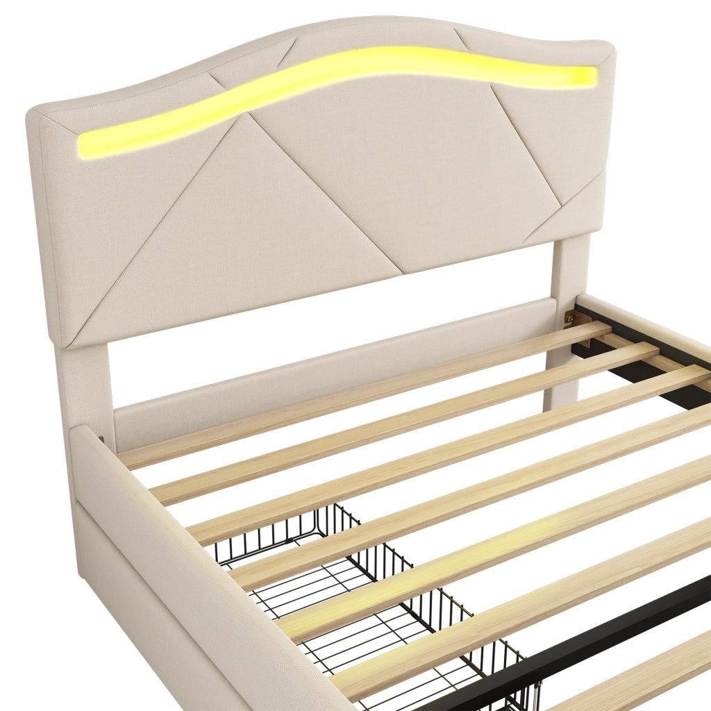 LETTO imbottito 90x200 cm con LED e 2 cassetti, lino beige