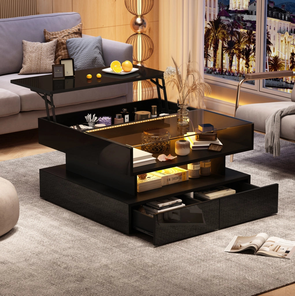 Tavolino da salotto nero 80x80 cm con piano elevabile, LED e 2 cassetti