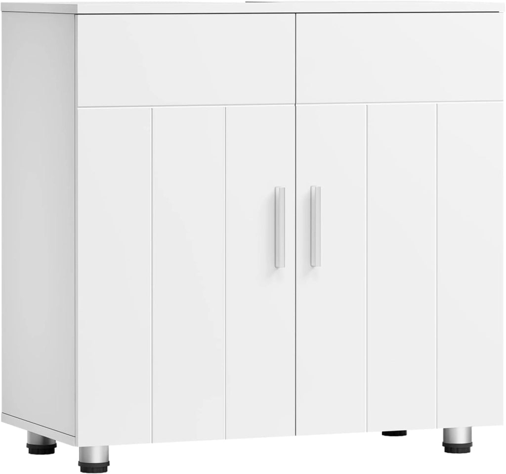 Mobile Sottolavabo per Bagno in MDF, Armadietto Salvaspazio con Ripiano Regolabile Mobiletto, Mobile Copricolonna con Maniglie e Gambe in Metallo, Bianco, Argento, 60x30x60cm