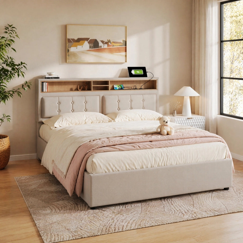 Letto matrimoniale 140x200 in lino con testiera regolabile, USB/Type-C, contenitore e rete a doghe