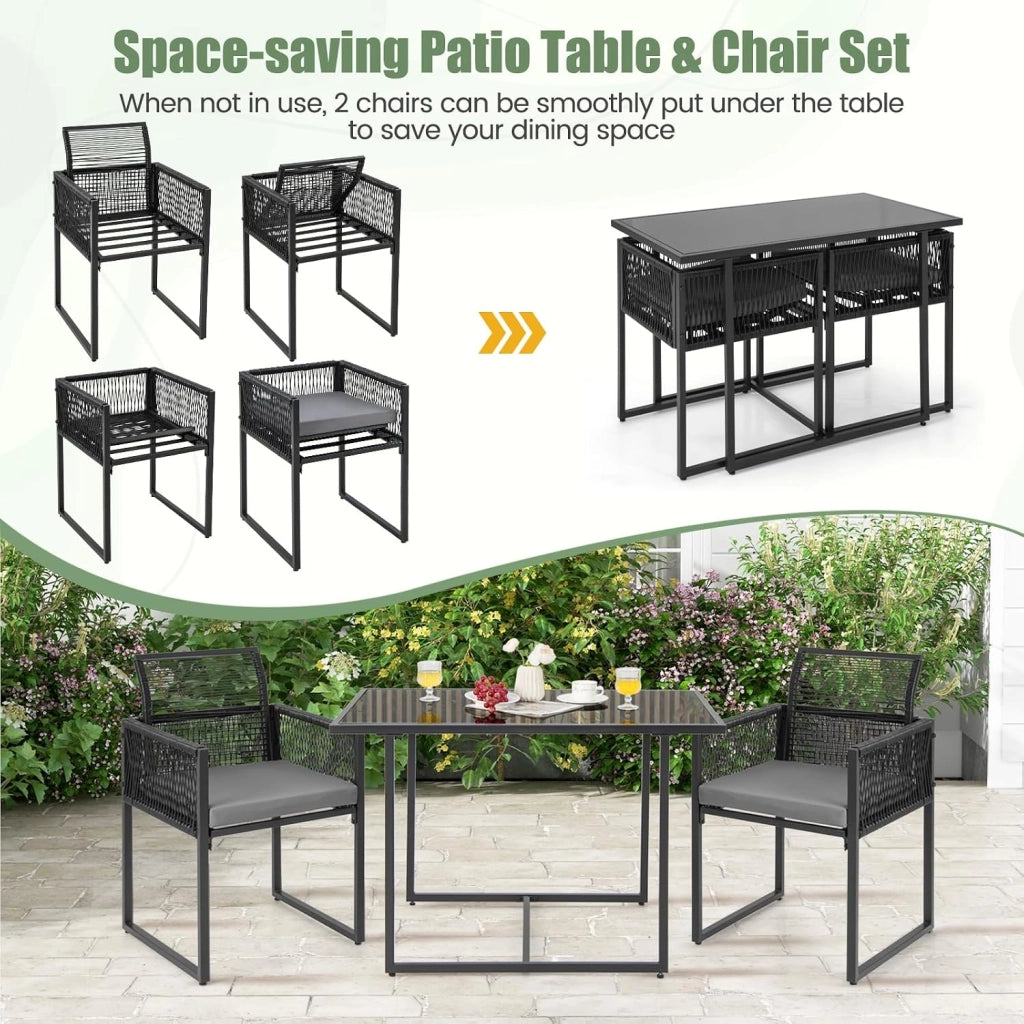 Set di mobili da 3 pezzi, set da tavolo e 2 sedie in rattan PE, set da pranzo con sedie pieghevoli, cuscini estraibili, tavolo in vetro, per giardino, patio, terreza