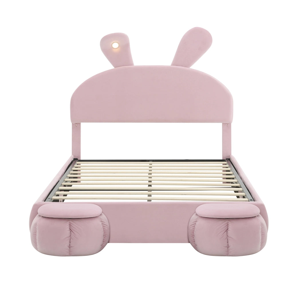 Letto imbottito 140x200 cm con contenitore e LED in velluto rosa